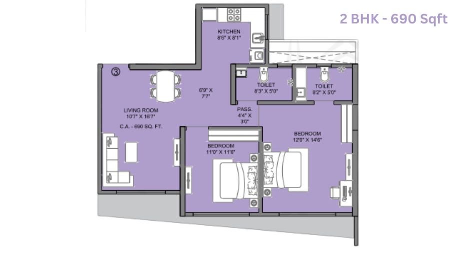 Ajmera-Boulevard-Floor-Plan-2 BHK-690 Sqft